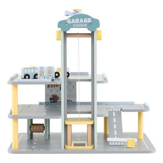 Parking Garage Playset with 4 Cars and Helicopter-Gray