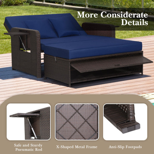 Patio Rattan Daybed with 4-Level Adjustable Backrest and Retractable Side Tray-Navy