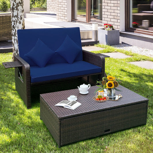 Patio Rattan Daybed with 4-Level Adjustable Backrest and Retractable Side Tray-Navy