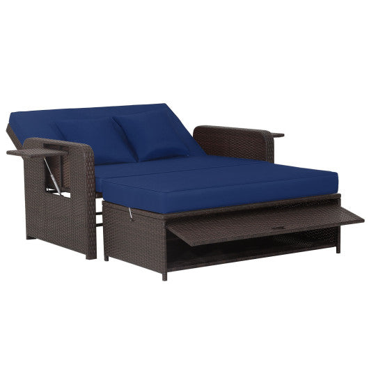 Patio Rattan Daybed with 4-Level Adjustable Backrest and Retractable Side Tray-Navy