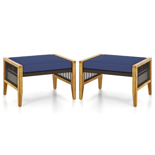 Patio Acacia Wood Ottomans with Cushions and Versatile Rattan Woven Footstools-Navy