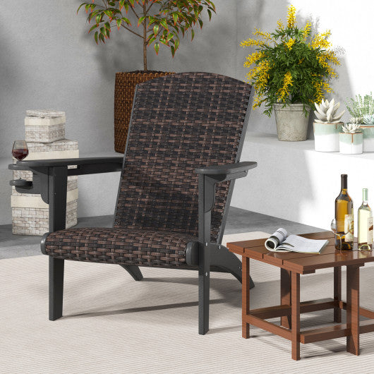 Patio Adirondack Chair with Rattan Padded Seat and Hidden Cupholder-Black