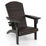 Patio Adirondack Chair with Rattan Padded Seat and Hidden Cupholder-Black