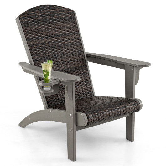 Patio Adirondack Chair with Rattan Padded Seat and Hidden Cupholder-Gray