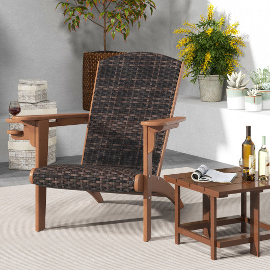 Patio Adirondack Chair with Rattan Padded Seat and Hidden Cupholder-Coffee