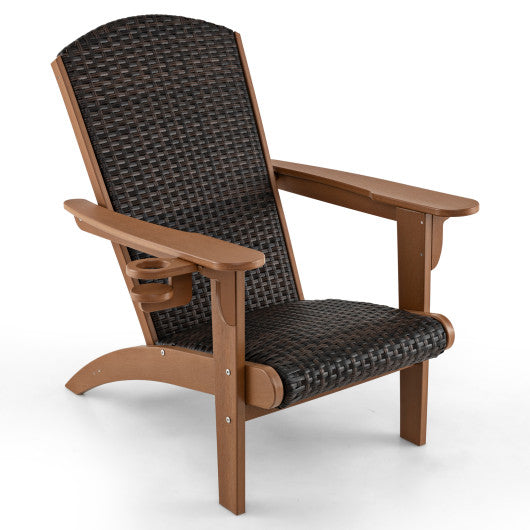 Patio Adirondack Chair with Rattan Padded Seat and Hidden Cupholder-Coffee