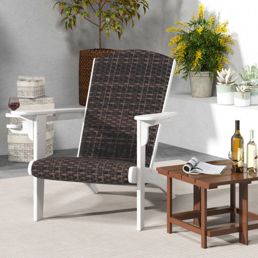 Patio Adirondack Chair with Rattan Padded Seat and Hidden Cupholder-White
