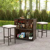 3 Pcs Patio Bar Set with Tempered Glass Tabletop-Brown