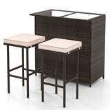 3 Pcs Patio Bar Set with Tempered Glass Tabletop-Brown