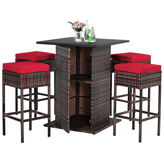 5 Pieces Patio Rattan Bar Table Stool Set Hidden Storage Shelf Cushioned-Red