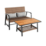 2 Pieces Patio Rattan Coffee Table Set with Shelf and Quick Dry Cushion