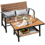 2 Pieces Patio Rattan Coffee Table Set with Shelf and Quick Dry Cushion