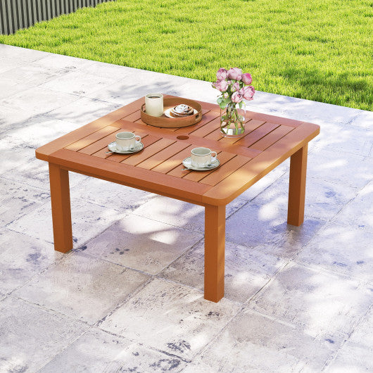 Patio Coffee Table with Umbrella Hole and Teak Oil Finish