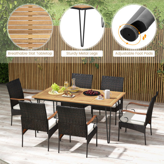 7 Pieces Patio Dining Set with Rattan Armchairs Soft Cushions 2" Umbrella Hole