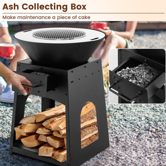 Patio Fire Pit with Firewood Log Rack with Grill and Ash Box-Black