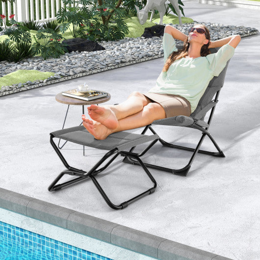 Patio Folding Sling Chair with Ottoman Footrest and Removable Cushion-Gray