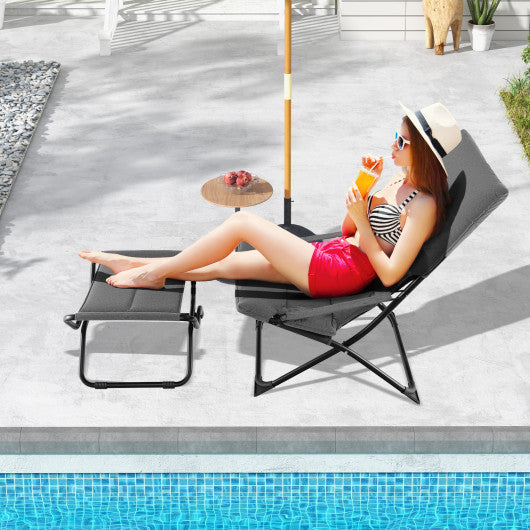 Patio Folding Sling Chair with Ottoman Footrest and Removable Cushion-Gray