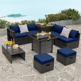 Outdoor 9 Pieces Patio Furniture Set with 50 000 BTU Propane Fire Pit Table-Navy