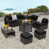 Outdoor 9 Pieces Patio Furniture Set with 50 000 BTU Propane Fire Pit Table-Black