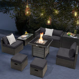 Outdoor 9 Pieces Patio Furniture Set with 50 000 BTU Propane Fire Pit Table-Gray