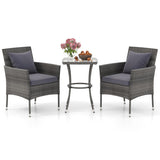 3 Pieces Patio Furniture Set with Cushioned Patio Chairs and Tempered Glass Coffee Table-Gray