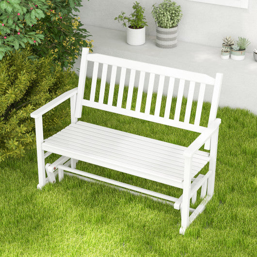 2 Seats Outdoor Glider Bench with Armrests and Slatted Seat-White