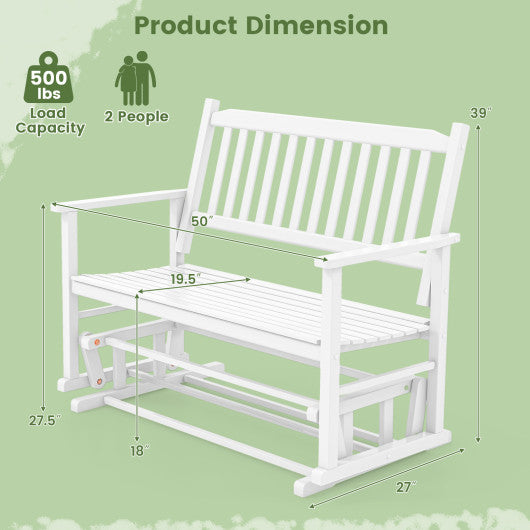 2 Seats Outdoor Glider Bench with Armrests and Slatted Seat-White