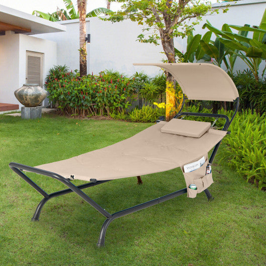 Patio Hanging Chaise Lounge Chair with Canopy Cushion Pillow and Storage Bag-Beige