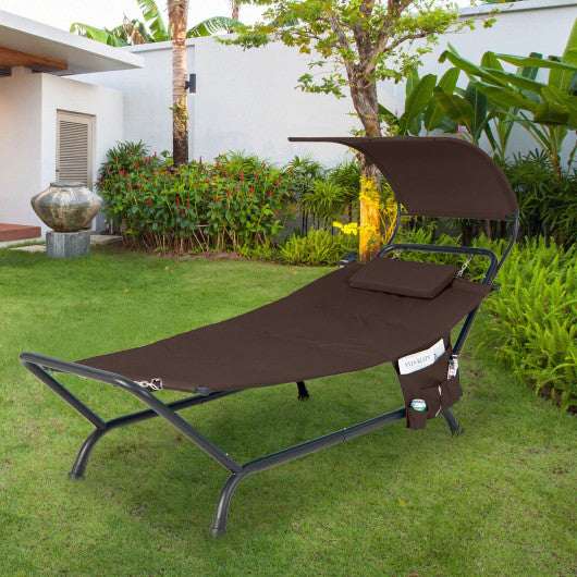 Patio Hanging Chaise Lounge Chair with Canopy Cushion Pillow and Storage Bag-Brown