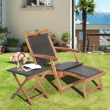 2 Pieces Patio Rattan Folding Lounge Chair with Acacia Wood Table