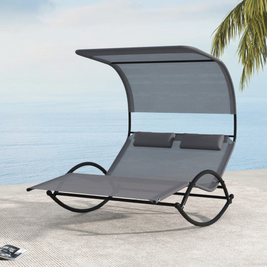 Outdoor Dual Rocker Sunbed 2-Person Canopied Patio Lounger with Detachable Headrests-Gray