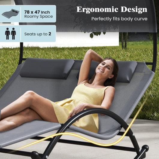 Outdoor Dual Rocker Sunbed 2-Person Canopied Patio Lounger with Detachable Headrests-Gray