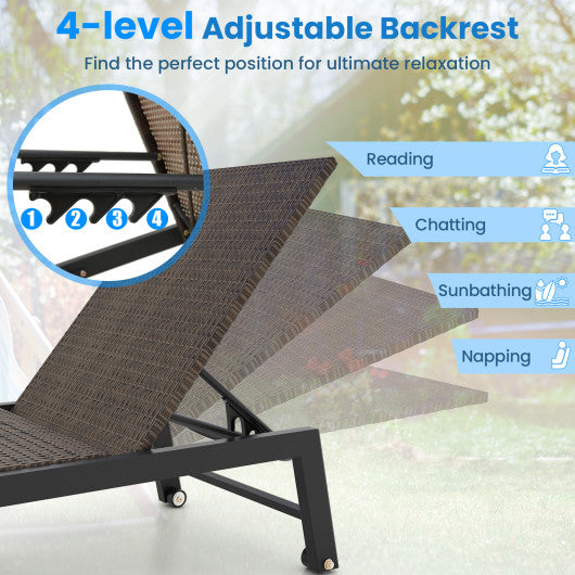 Patio PE Rattan Chaise Lounge with 5-Level Backrest and Wheels-Brown