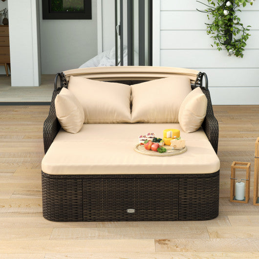 Patio PE Rattan Daybed with Retractable Canopy and Soft Cushions-Beige
