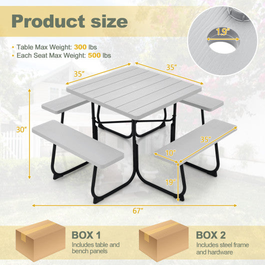 Outdoor Picnic Table with 4 Benches and Umbrella Hole-Gray