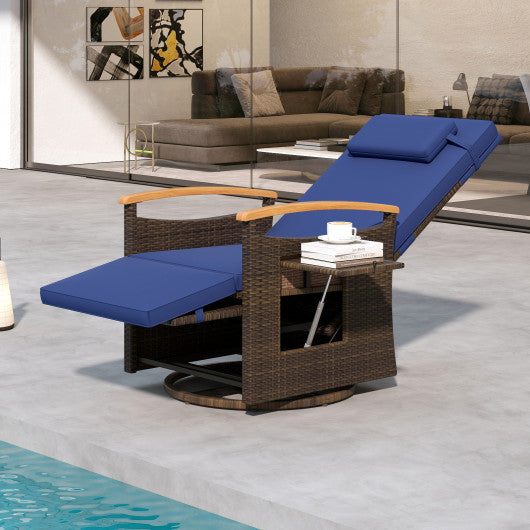 Patio Rattan 360° Swivel Recliner Chair with Adjustable Backrest and Footrest-Navy