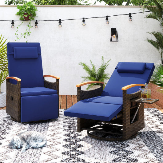 Patio Rattan 360° Swivel Recliner Chair with Adjustable Backrest and Footrest-Navy