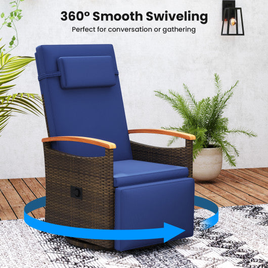 Patio Rattan 360° Swivel Recliner Chair with Adjustable Backrest and Footrest-Navy