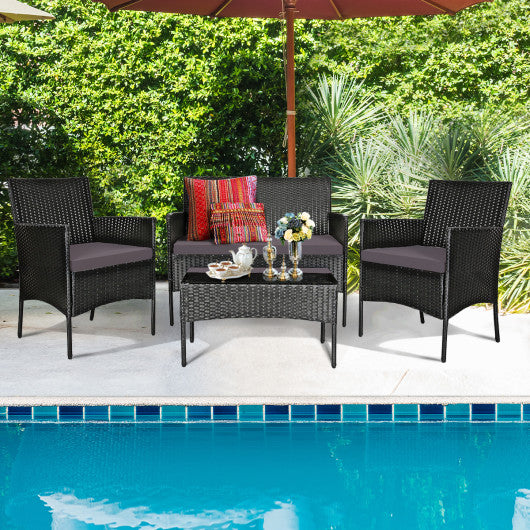 4 Pieces Patio Rattan Cushioned Sofa Set with Tempered Glass Coffee Table-Gray & Off White