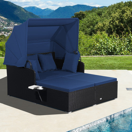 Patio Rattan Daybed with Retractable Canopy and Side Tables-Navy