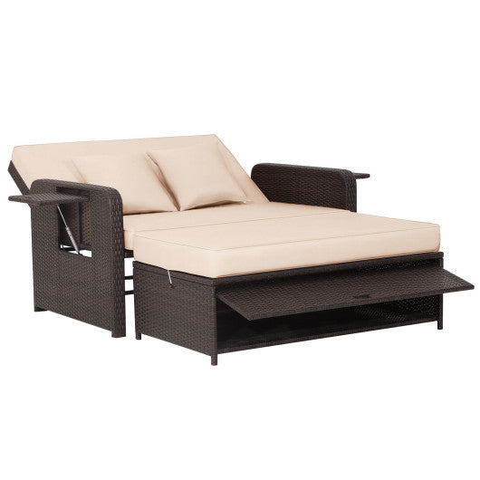 Patio Rattan Daybed with 4-Level Adjustable Backrest and Retractable Side Tray-Brown