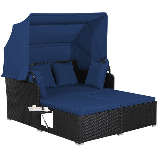 Patio Rattan Daybed with Retractable Canopy and Side Tables-Navy