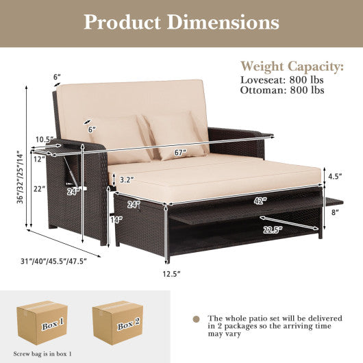 Patio Rattan Daybed with 4-Level Adjustable Backrest and Retractable Side Tray-Brown