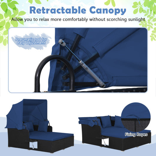 Patio Rattan Daybed with Retractable Canopy and Side Tables-Navy