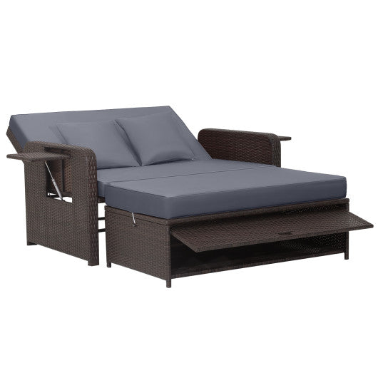 Patio Rattan Daybed with 4-Level Adjustable Backrest and Retractable Side Tray-Gray
