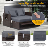 Patio Rattan Daybed with 4-Level Adjustable Backrest and Retractable Side Tray-Gray