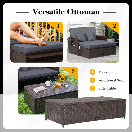Patio Rattan Daybed with 4-Level Adjustable Backrest and Retractable Side Tray-Gray