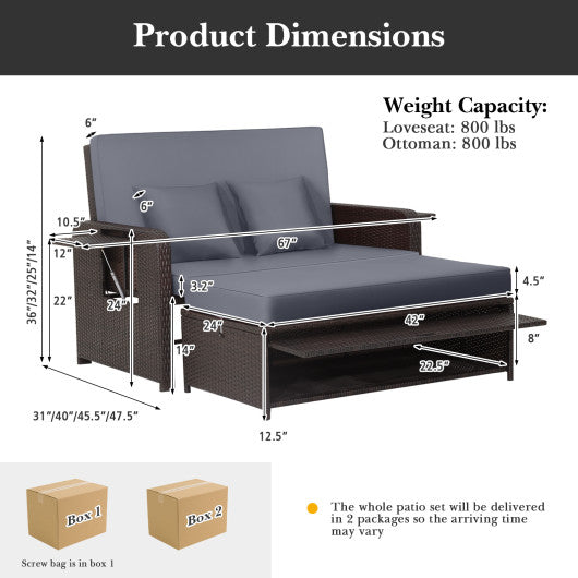 Patio Rattan Daybed with 4-Level Adjustable Backrest and Retractable Side Tray-Gray