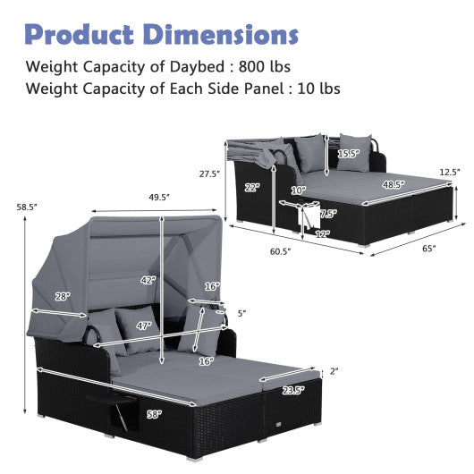 Patio Rattan Daybed with Retractable Canopy and Side Tables-Gray