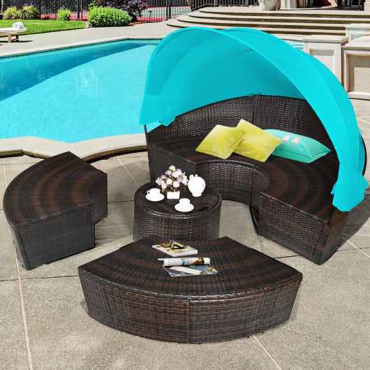 Patio Round Rattan Daybed with Retractable Canopy and Height Adjustable Coffee Table-Turquoise